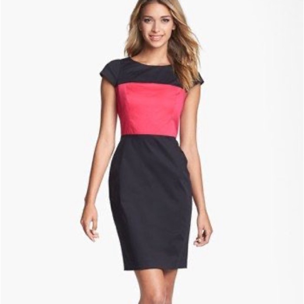 French connection black and fuchsia rose cap sleeve dress